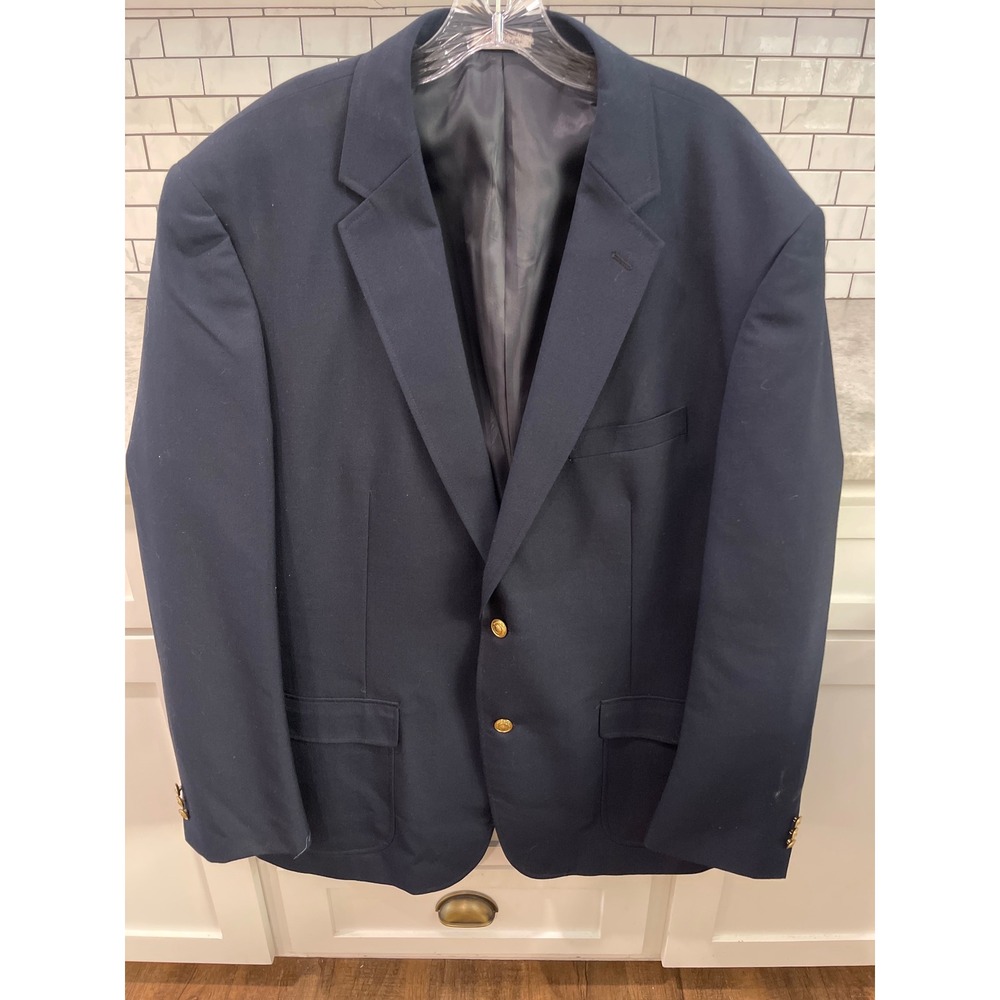 Louis Martin Blazer Mens 48L Navy Blue Wool Blend Gold Crest Button Sport Coat